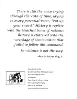 quote from Martin Luther King Jr: There is still the voice crying through the vista of time, saying, to every potential Peter, "Put up your sword." History is replete with the bleached bones of nations; history is cluttered with the wreckage of communities that failed to follow this command. So violence is not the way.