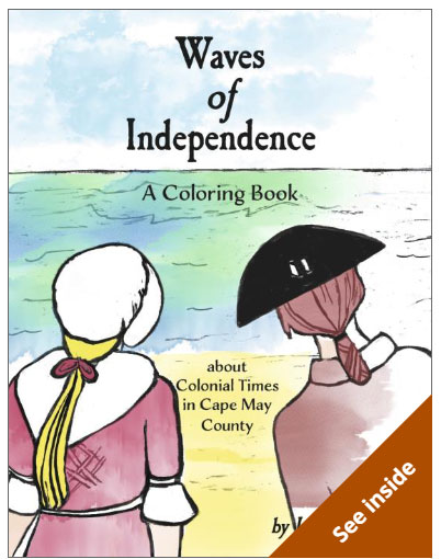 Waves of Independence coloring blook. Two people in Colonial attire looking toward the water